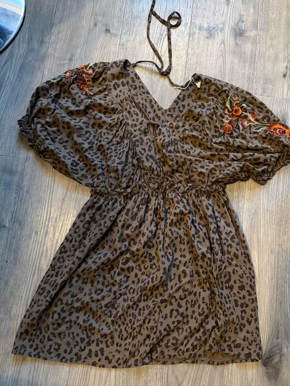 Cato Brown Leopard Print Mini Dress with Embroidered Sleeves
